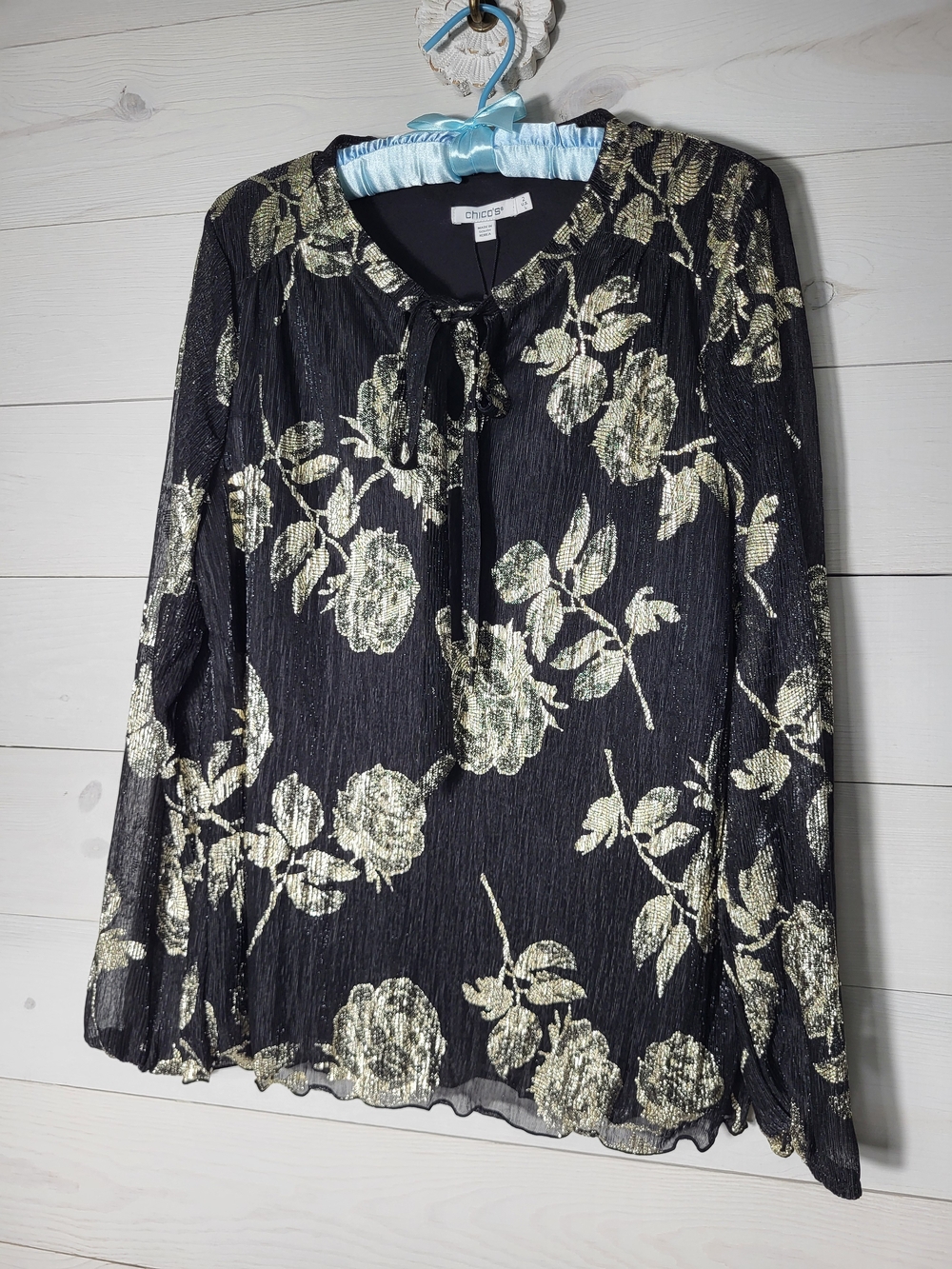 Chico's Top Floral Metallic Shimmer Tie-Neck Semi Sheer Blouse